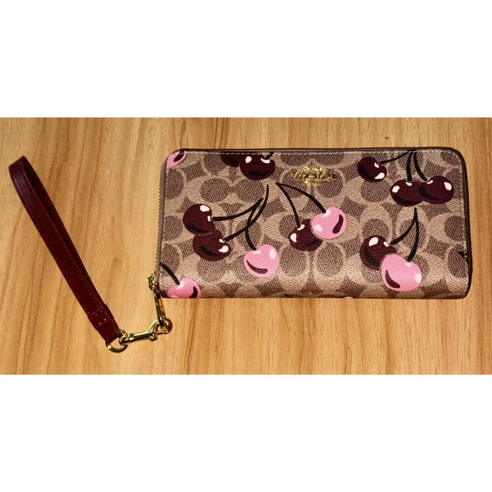 2026 COACH Long Zip Around Wallet In Signature Canvas With Cherry Print CZ328